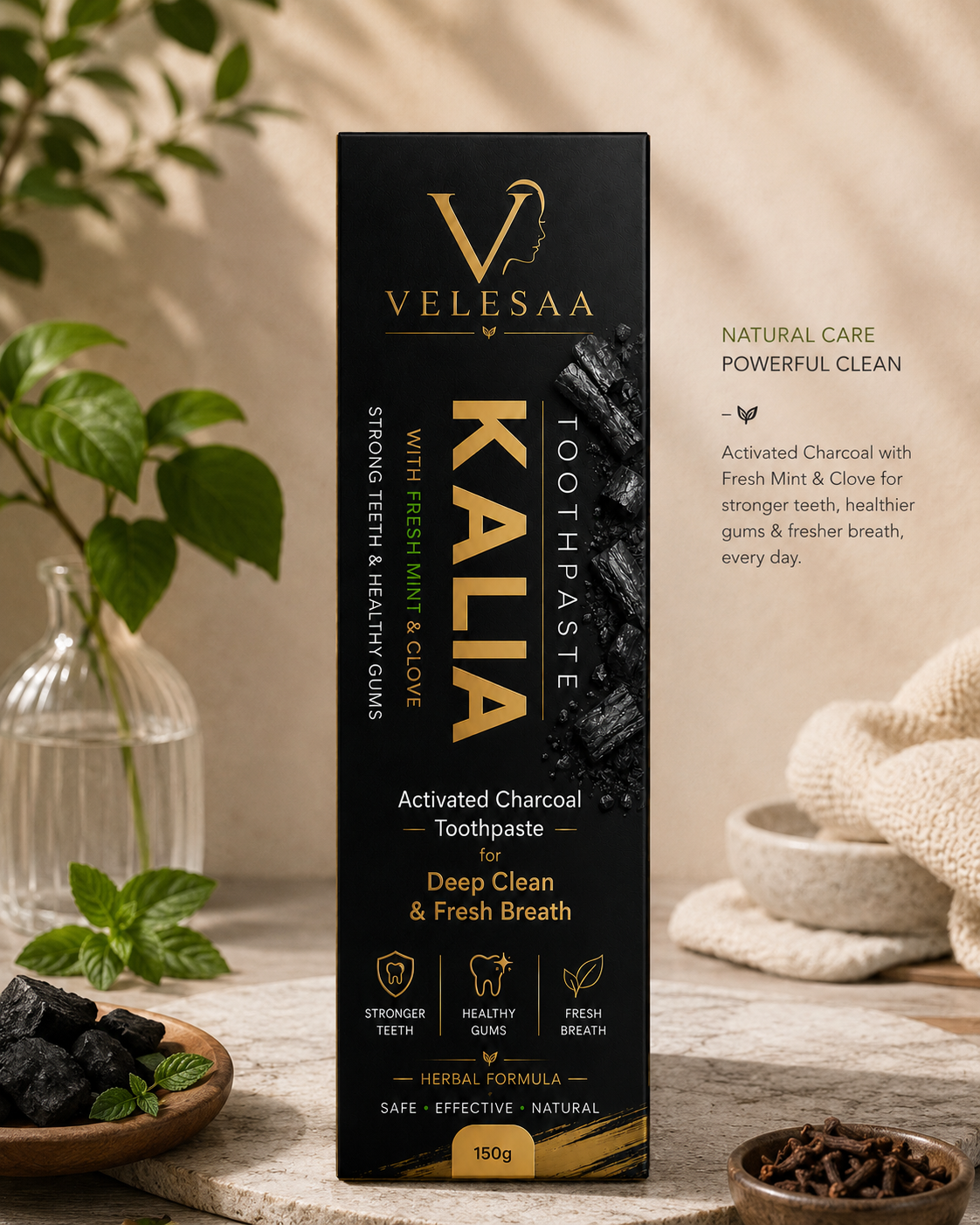 Velesaa KALIA Activated Charcoal Toothpaste | Deep Clean & Fresh Breath